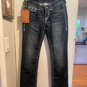 True Religion Joey Super T Dark Blue Jeans Sz 29 Rainbow Stitch Rhinestone  NWT